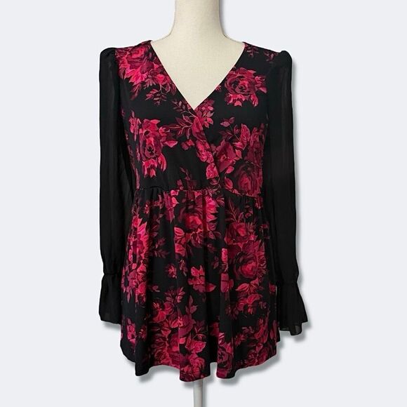 Torrid Black and Pink Floral Surplice Sheer Sleeve Polyester Top Sz XXL - Picture 5 of 13
